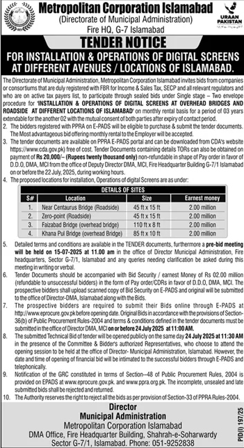 Metropolitan Corporation Islamabad Tender Notice